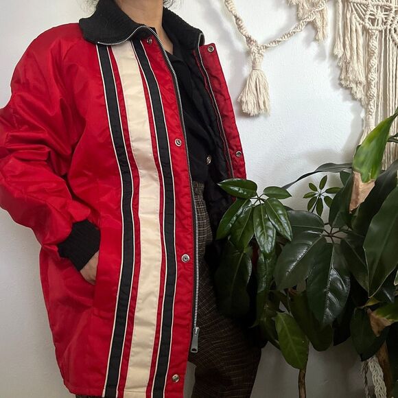 vtg 80 Dakota outerwear mens puff jacket zip front red striped retro coat Medium - Picture 4 of 9